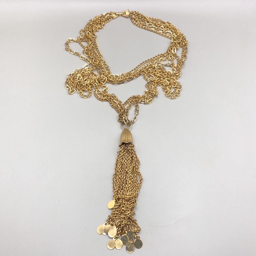 Vintage multi layered gold tone statement costume long necklace tassel fringe. - Picture 7 of 8